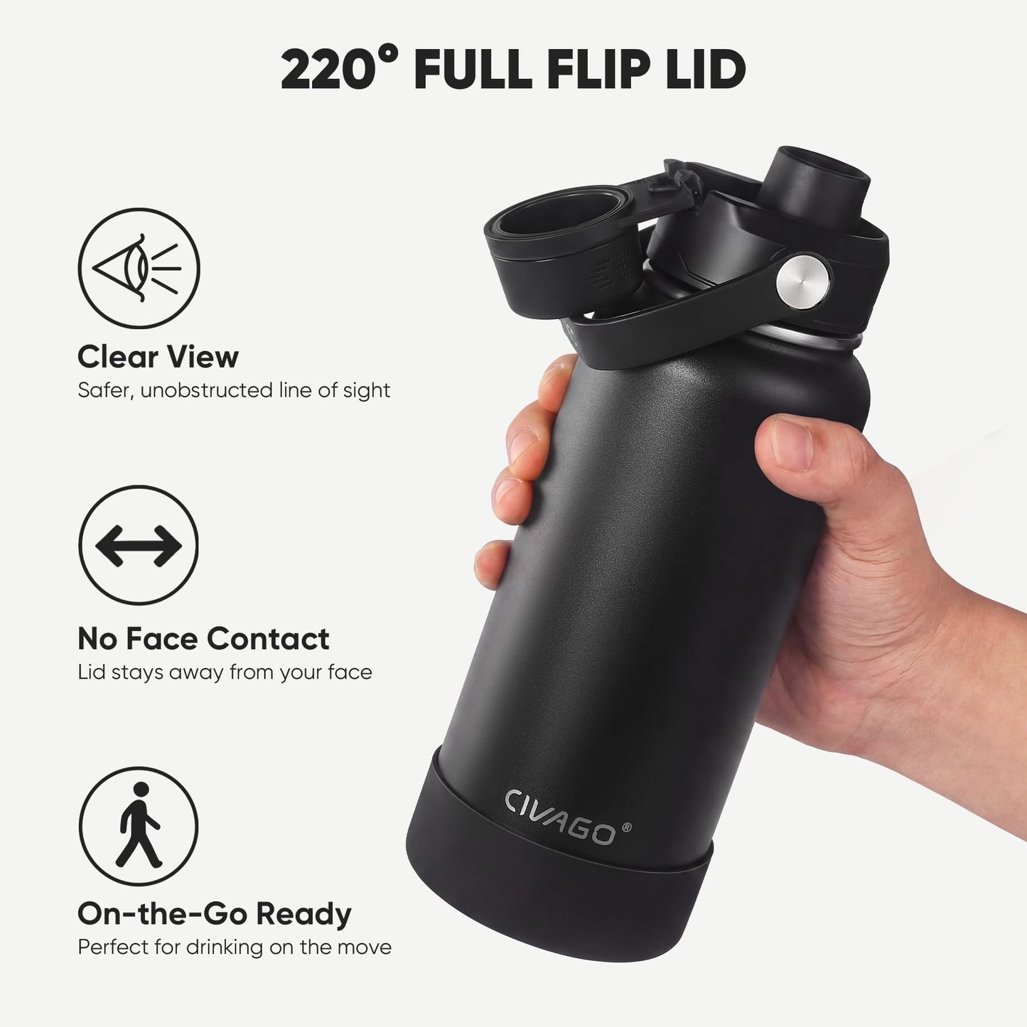 CIVAGO 32 oz Insulated Stainless Steel Water Bottle with Detachable Straw, Large Metal Water Jug with Bucket Handle, Leakproof Sports Water Flask with Silicone Boot for Travel, Dishwasher Safe, Black
