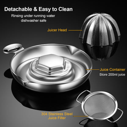 ZIGNTY Lemon Squeezer Stainless Steel, Heavy Duty Hand Manual Citrus Juicer, Premium Orange Lime Fruit Squeezer, Robust Reamer Rotation 2 Pour Spout 200ML Container, Dishwasher Safe（5-Year Warranty）