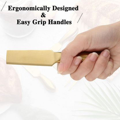 Patelai 4 Pieces Cheese Knives Set, Stainless Steel Tools with Cheese Slicer and Cutters (Gold)