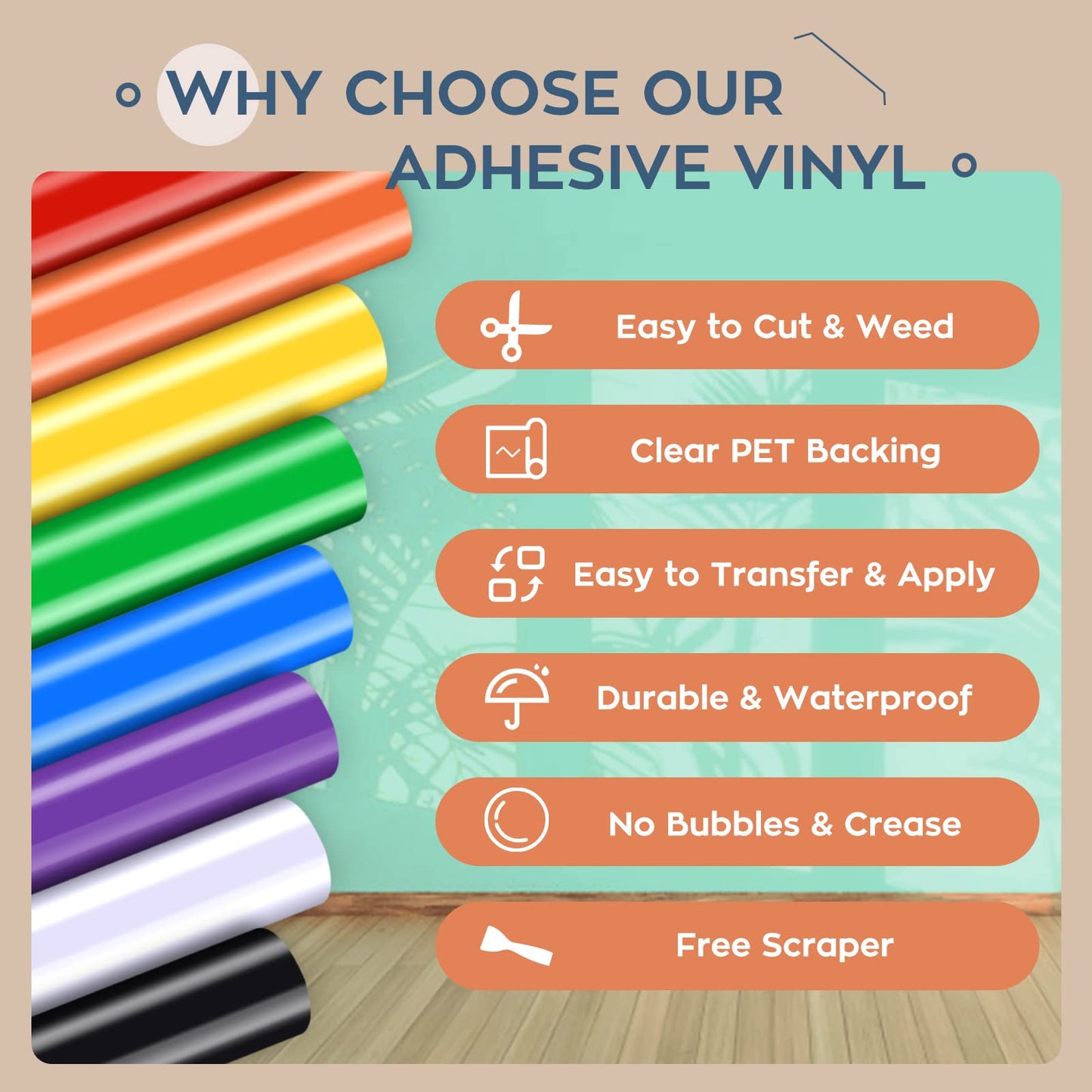 HTVRONT Permanent Vinyl Bundle, 8 Colors 12" x 5ft Permanent Adhesive Vinyl Rolls Compatible with Cricut Cutting Machine, Silhouette, Cameo Cutters, Signs, Scrapbooking, Craft, Die Cutters