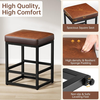 Raynesys Counter Height Bar Stools Set of 2, 24" Barstools for Kitchen Countertop, Faux Leather Counter Stools with Thick Square Seats & Sturdy Metal Base, Simple Assembly, Brown