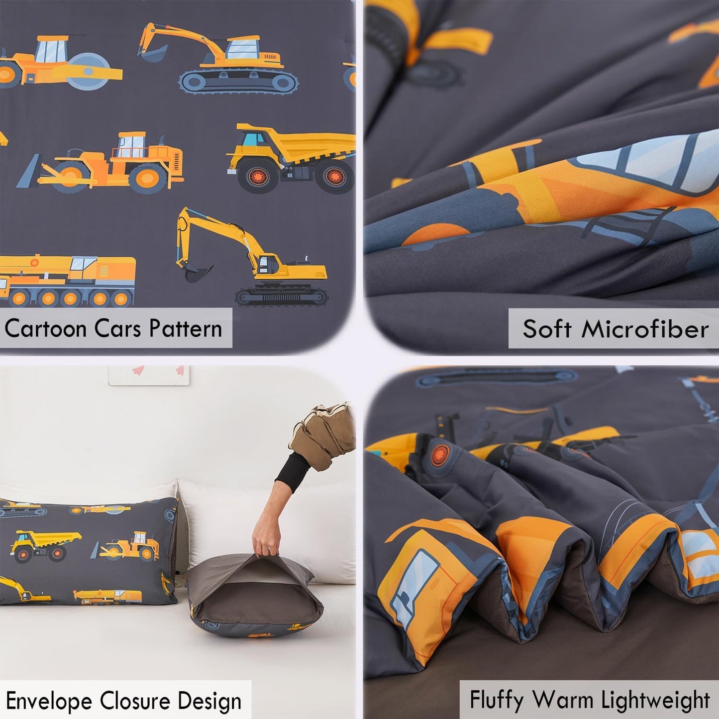 Set Set Sets 2 ZRNBAST Construction Twin Bedding for Boys Dark Grey Trucks Car Kids Comforter Lightweight Microfiber