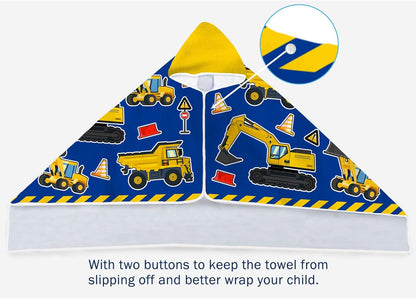 Kids Beach Towel with Hood - Excavators Vehicles Theme for Boys & Girls, Microfiber Soft Bath Poncho Wrap Robe