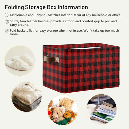 Christmas Red Buffalo Plaid Storage Basket, Fabric Laundry Baskets for Winter Holiday Decorations, 16×12×8 Inches