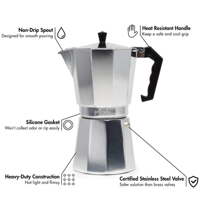 Primula Classic Stovetop Espresso and Coffee Maker, Moka Pot for Italian and Cuban Café Brewing, Greca Coffee Maker, Cafeteras, 9 Espresso Cups, Silver