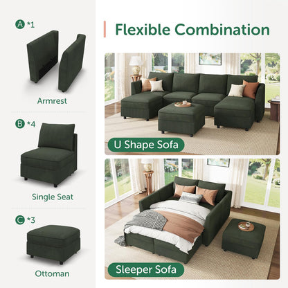 HONBAY Modular Sofa U Shaped Sectional Couch with Storage, Convertible Modular Sofa 7 Seats Sectional for Living Room - Green