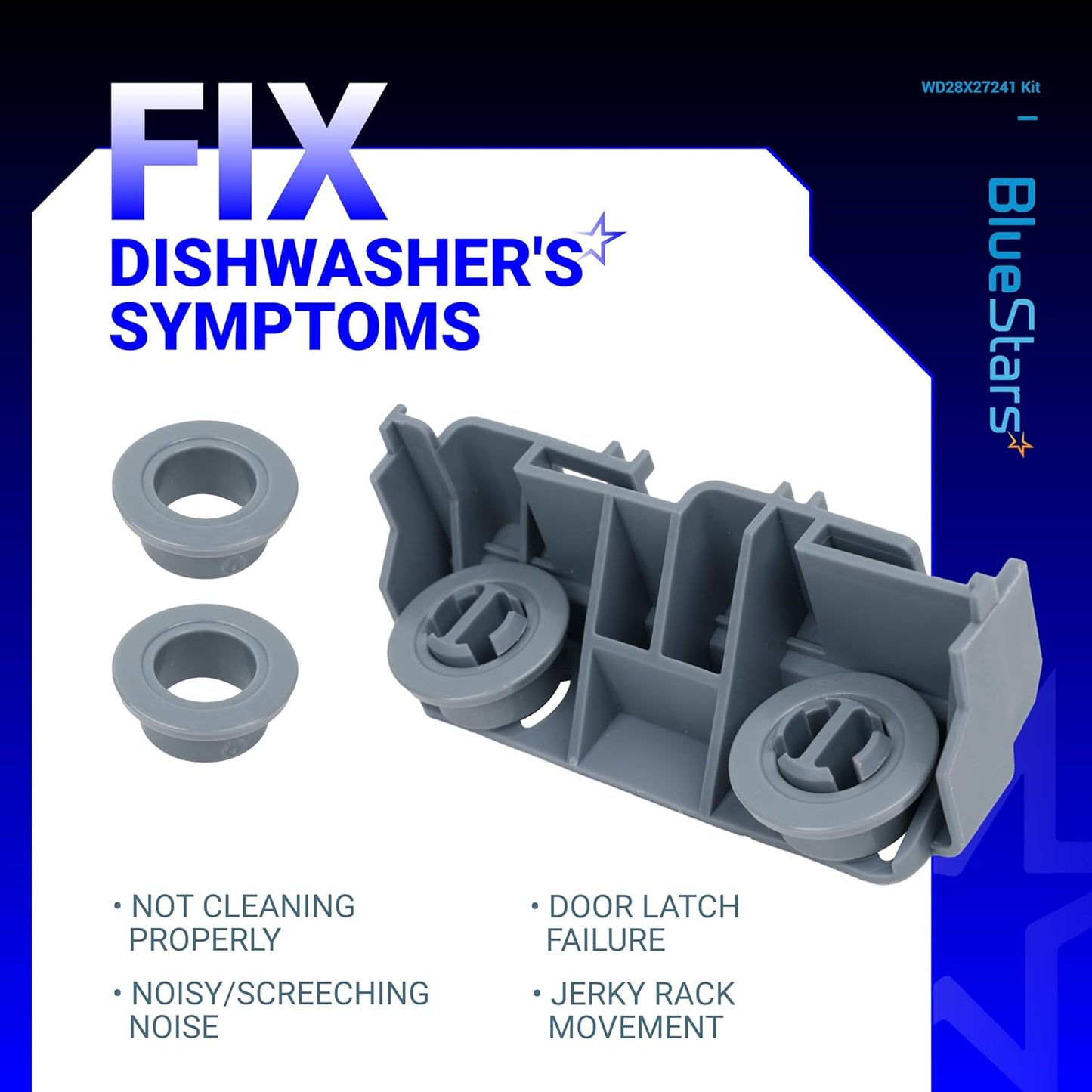 BlueStars WD28X27241 Dishwasher Rack Carrier & Roller Kit, Exact Fit for GE Dishwashers Lower Rack Wheels Assembly