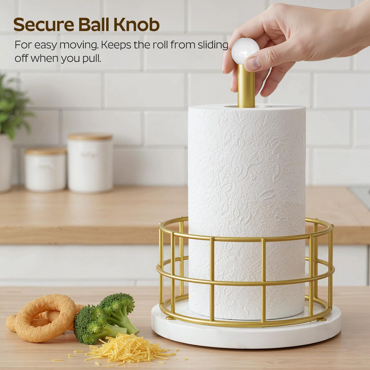 YATINEY Paper Towel Holder, Kitchen Paper Towel Holder for Countertop, Gold Paper Towel Stand with Wooden Base, Freestanding Kitchen Roll Holder, for Standard Size Rolls, Gold CJ05DW