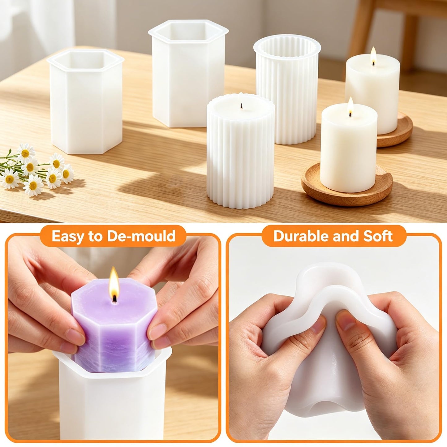DJBVHSF 9 Pack Reusable Silicone Candle Molds Set, Easy Release Cylinder, Hexagon, Heart and Star Resin Soap Molds for DIY Candle Making, Crafts and Home Decor