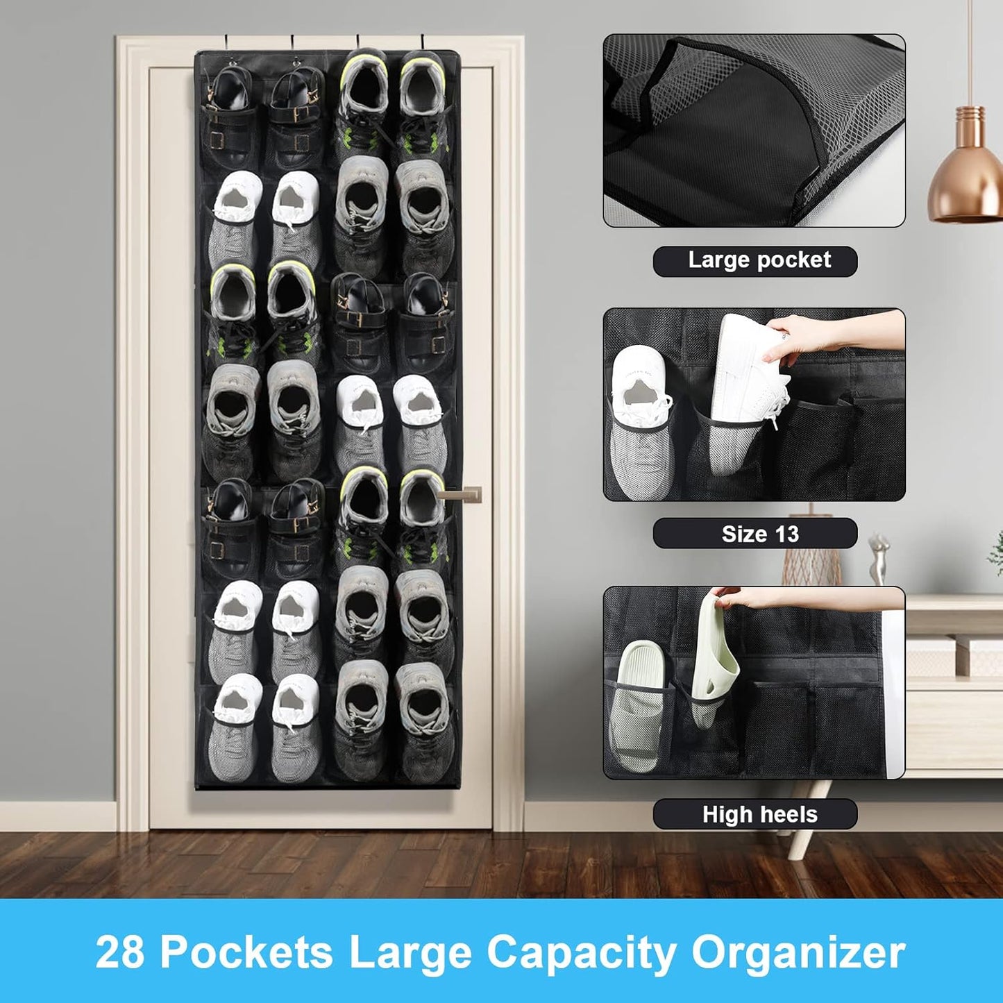 28 Closet Over the Door Shoe Organizer Mesh Pockets Hanging Shoes storage Shoe Rack for Entryway Bedroom Bathroom