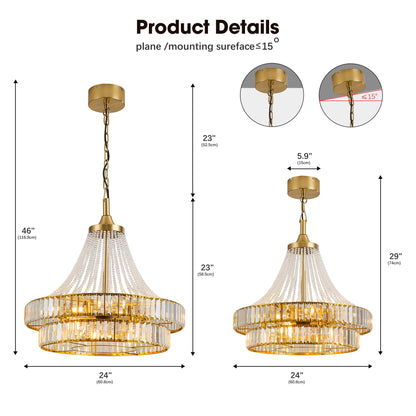 LVYEAYOU 24“ Modern Crystal Chandelier Ceiling Fan with Lights, Remote & App Control, 6-Speed Reversible Large Fandelier, Double Layer Design for Bedroom, Living Room (Luxury Gold)