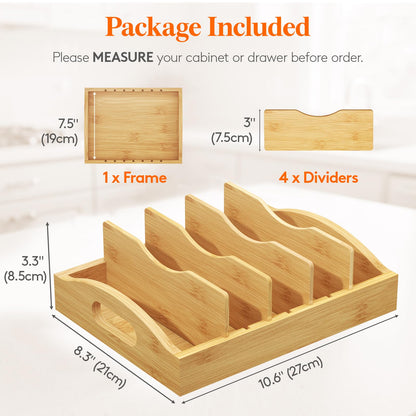 Lifewit Bamboo Lid Organizers for Inside Cabinet, Food Storage Container Lid Holder with 4 adjustable Inserts & 5 Sections, Kitchen Pantry organizer and storage, 10.6" X 8.3"