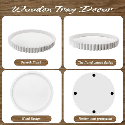 12in Handmade Decorative Tray for Coffee Table Tray Decor, White Wooden Decorative Round Tray for for Coffee Table