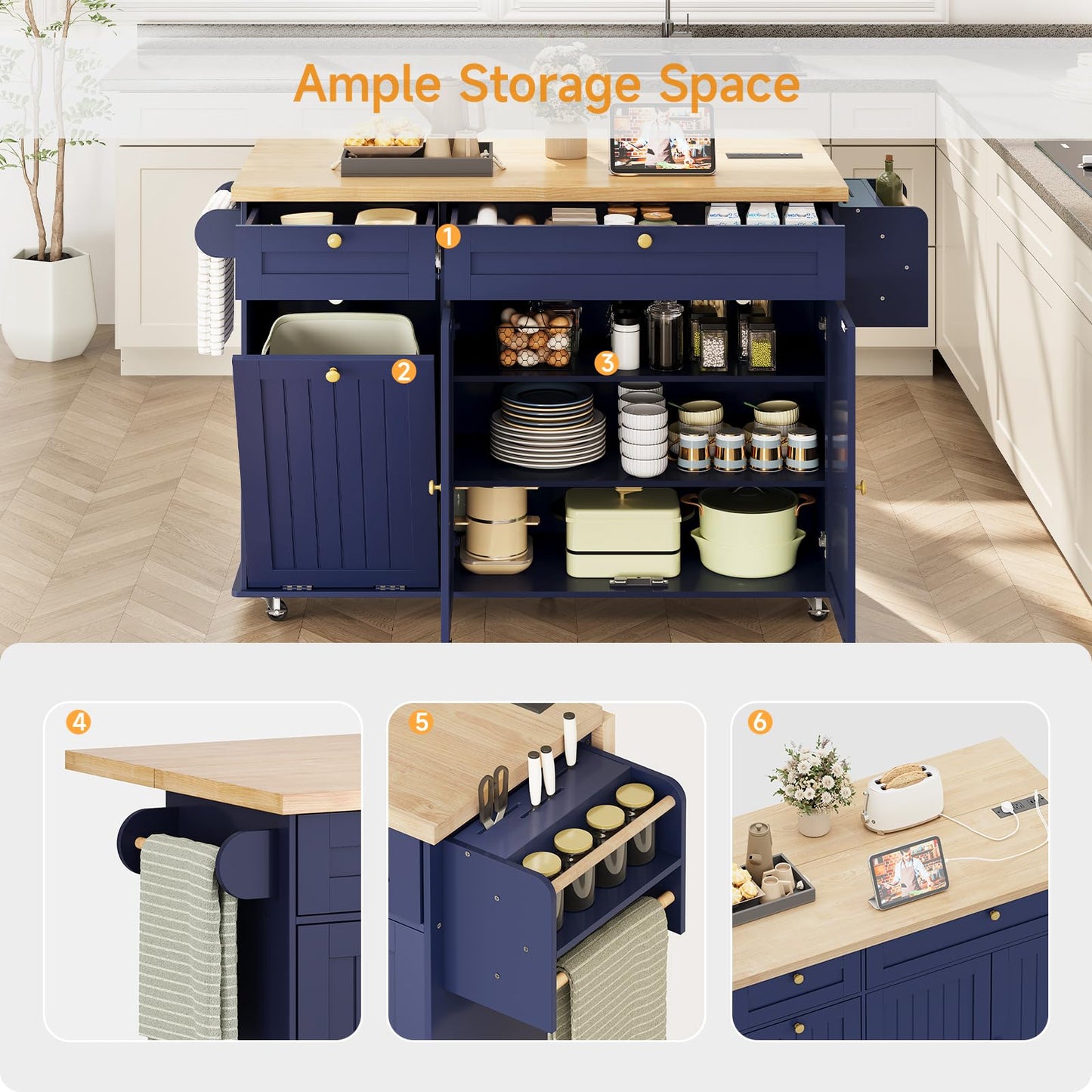 ComfyCorner 60" Rolling Large Kitchen Island on Wheels with Extendable Table, Drop Leaf & Power Outlet, Mobile Kitchen Cart with Storage Cabinet, 2 Drawers, Spice Rack, Towel & Knife Holder, Blue