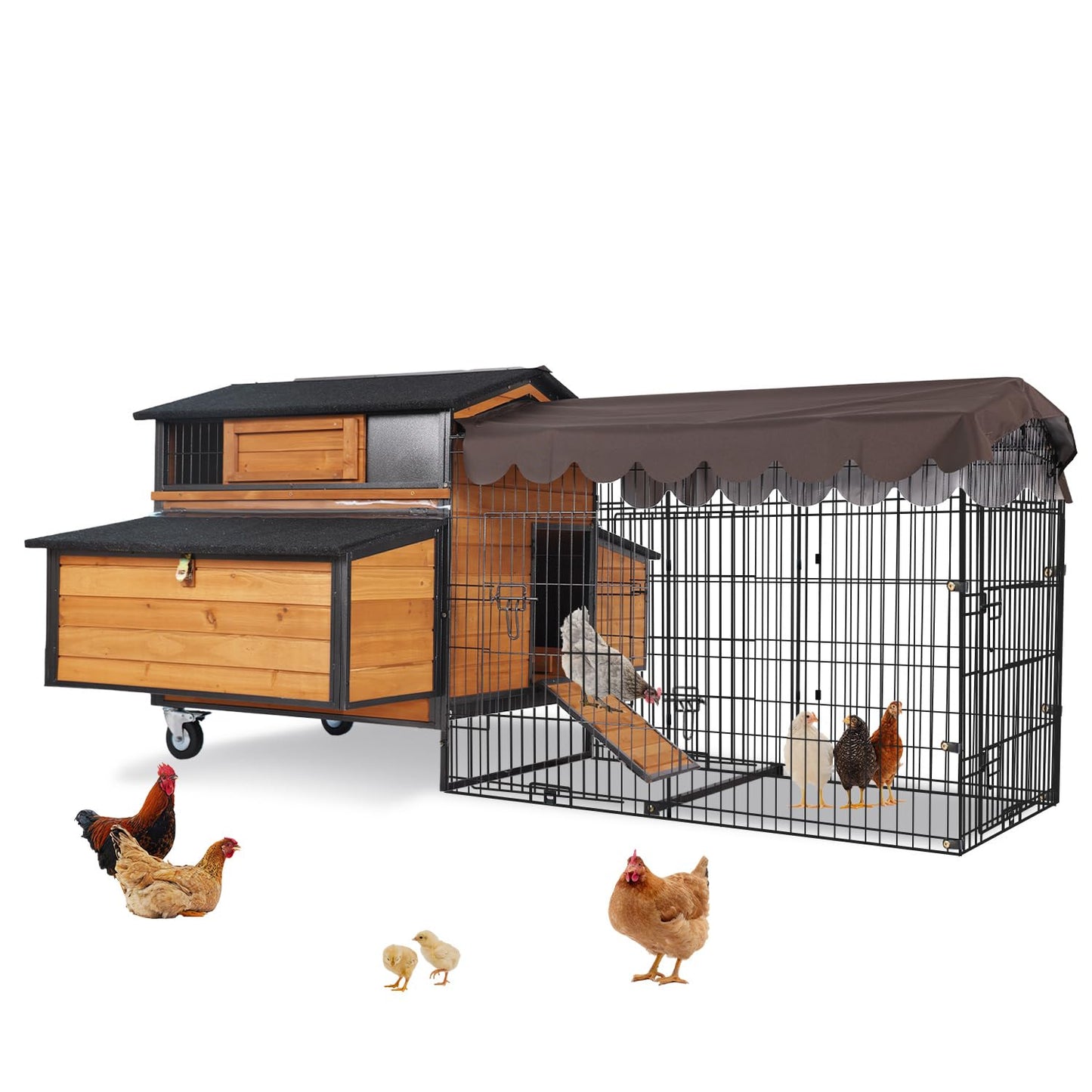 Large Mobile Chicken Coop with Run, Wheels & Leakproof Pull-Out Tray – Weatherproof Hen House with Nesting Box for Chickens, Ducks, Rabbits