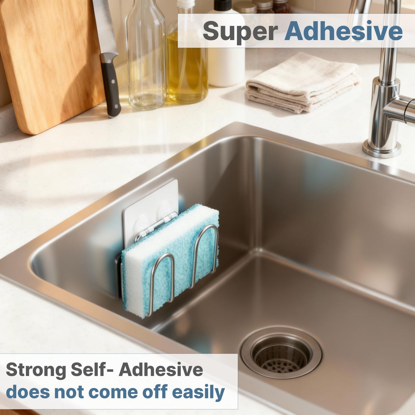 KESOL Kitchen Sponge Holder | Sink Caddy for Sponges, Scrubbers, Soap. No Drilling, Adhesive, Rustproof SUS304 Stainless Steel, Compact Kitchen Sink Accessories