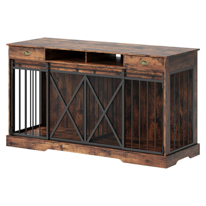 Garvee Double Dog Crate with Removable Divider, 63'' Extra Large Dog Cage Furniture with Sliding Doors & 2 Drawers, Multifunctional Indoor Pet House TV Stand for 2 Pets