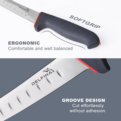 DELFINA Curved Breaking Knife 8 inch with Sheath & SoftGrip Handle, Butcher Knife for Meat Cutting, High Carbon