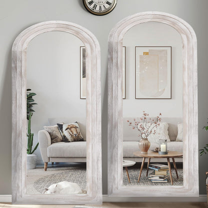 ZHUNFA Arched Full Length Mirror with Solid Wood Frame, 71x32 Farmhouse Wall Mirror Full Length with Stand, Vertical Hanging, Leaning Standing for Bedroom, Living Room, Rustic White