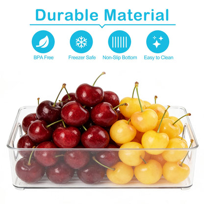 LotFancy Refrigerator Organizer Bins, 4 Pack,10x6x3 in, BPA Free Clear Plastic Storage Bins for Pantry Organization, Stackable Containers with Handles for Fridge, Kitchen Drawer, Freezer, Cabinet