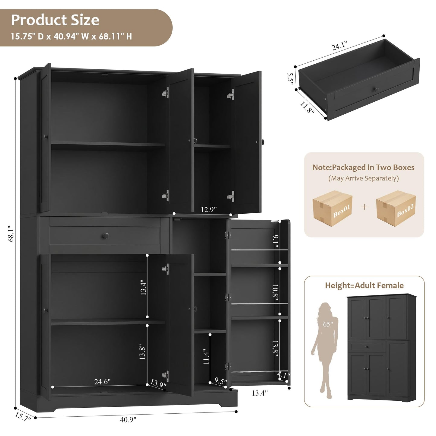 HOSTACK 68" Tall Kitchen Pantry Storage Cabinet, Modern Kitchen Hutch Cabinet with Doors and Shelves, Freestanding Food Pantry with Large Storage Drawer for Dining Room, Living Room, Black