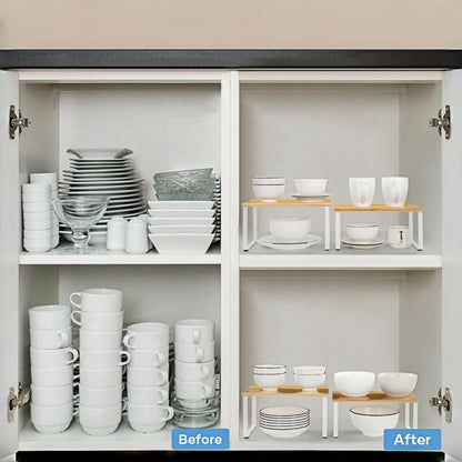 NEX Bamboo Kitchen Cabinet and Counter Shelf Organizer, Stackable & Expandable, Set of 4, White and Natural