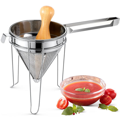 Feekoon Stainless Steel Chinois Strainer with Stand and Wooden Pestle Set, China Cap Strainer for Tomato, Berry, Fruit, Egg, Soup and Other Canning Jam Making Supplies, 15.35 x 7.67 x 7.28 inch