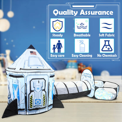 Senodeer Rocket Ship Kids Play Tent: 3Pcs Toddlers Pop Up Ball Pit and Play Tunnel for Indoor Outdoor, Spaceship Baby Playhouse Toys for 1-3 Year Old Boys Girls (3 in 1 Kids Tent)