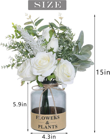 YXZZWL Artificial Flowers with Vase, Faux Silk Roses and Eucalyptus Centerpiece for Home Decor (White)
