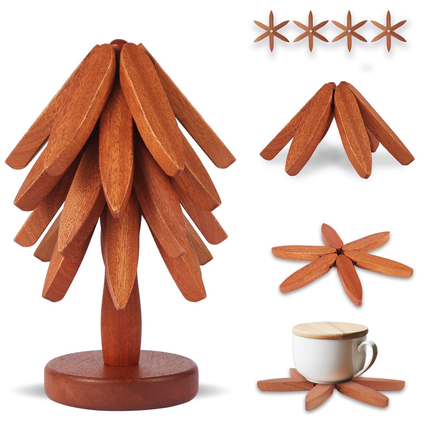 Futighapy Wooden Trivet Set - Perfect Kitchen Gift for Mom, Housewarming & Hostess | 4 Natural Wood Leaf Hot Pads with Decorative Stand | Pot Holders for Hot Dishes, Pans & Teapots