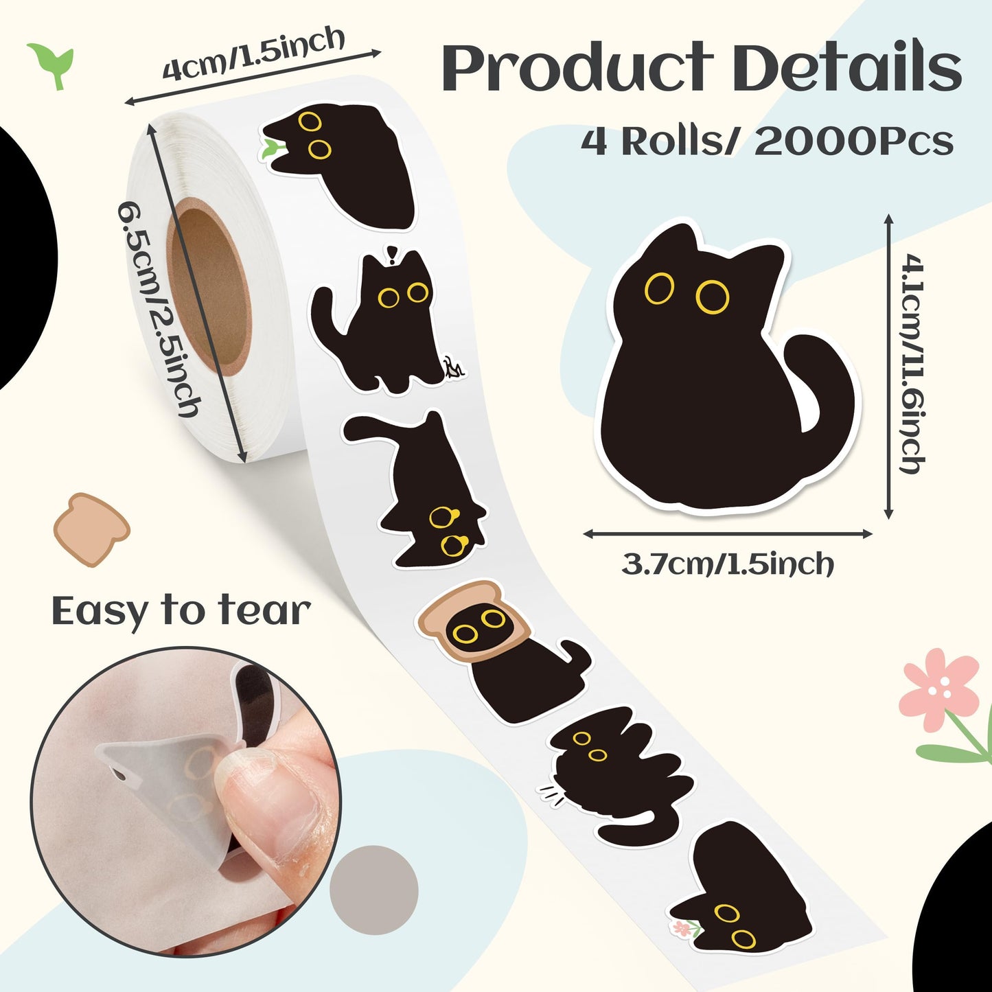 DSjuedui Black Cat 4 Roll Stickers - 2000Pcs Funny Cute Cartoon Meme Decorative Decals for Girls Boys Water Bottles Guitar Skateboard Laptop Kids Rewards Home Decor Birthday Gifts Party Favor Supplies