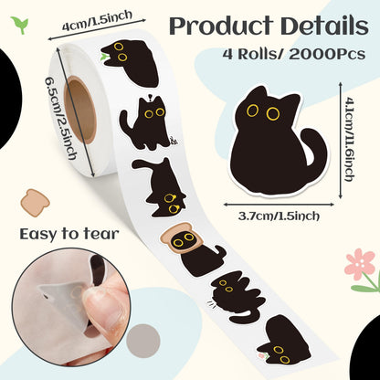 DSjuedui Black Cat 4 Roll Stickers - 2000Pcs Funny Cute Cartoon Meme Decorative Decals for Girls Boys Water Bottles Guitar Skateboard Laptop Kids Rewards Home Decor Birthday Gifts Party Favor Supplies