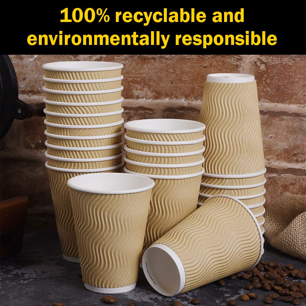 SPRINGPACK Disposable Paper Coffee Cups with Lids, 100 pack 12 oz Ripple Wall Insulated To Go Coffee Cups for Hot/Cold Beverage, Recyclable Takeaway Drinking Cups for Home Office Cafe Party