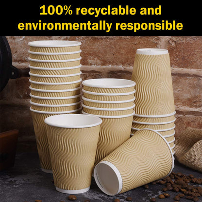 SPRINGPACK Disposable Paper Coffee Cups with Lids, 100 pack 12 oz Ripple Wall Insulated To Go Coffee Cups for Hot/Cold Beverage, Recyclable Takeaway Drinking Cups for Home Office Cafe Party