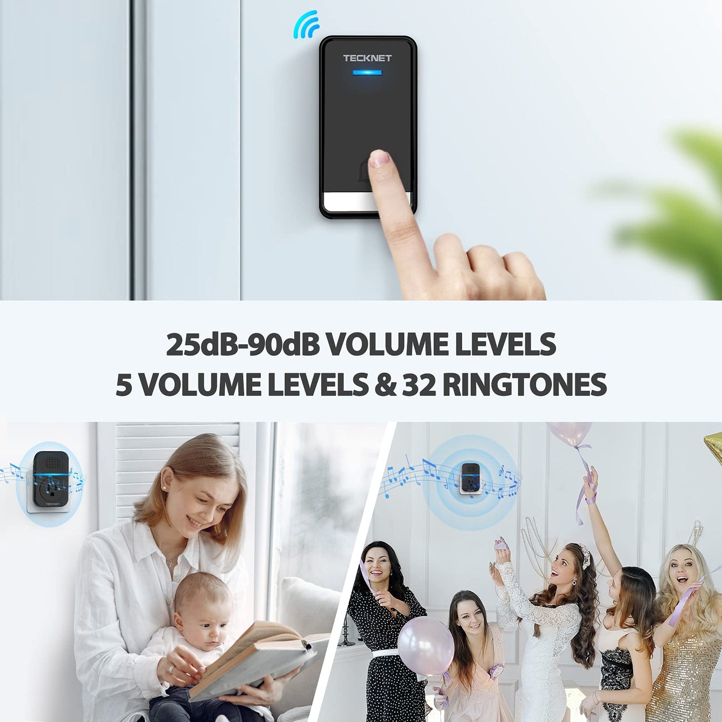 TECKNET Wireless Doorbell, Self-Powered Doorbell, 0-110db Plug-through Wireless Doorbell Ringer for Homes Classroom, IP66 Waterproof 1300ft Door Chime with Extra Socket, 60 Chimes, LED Light (White)