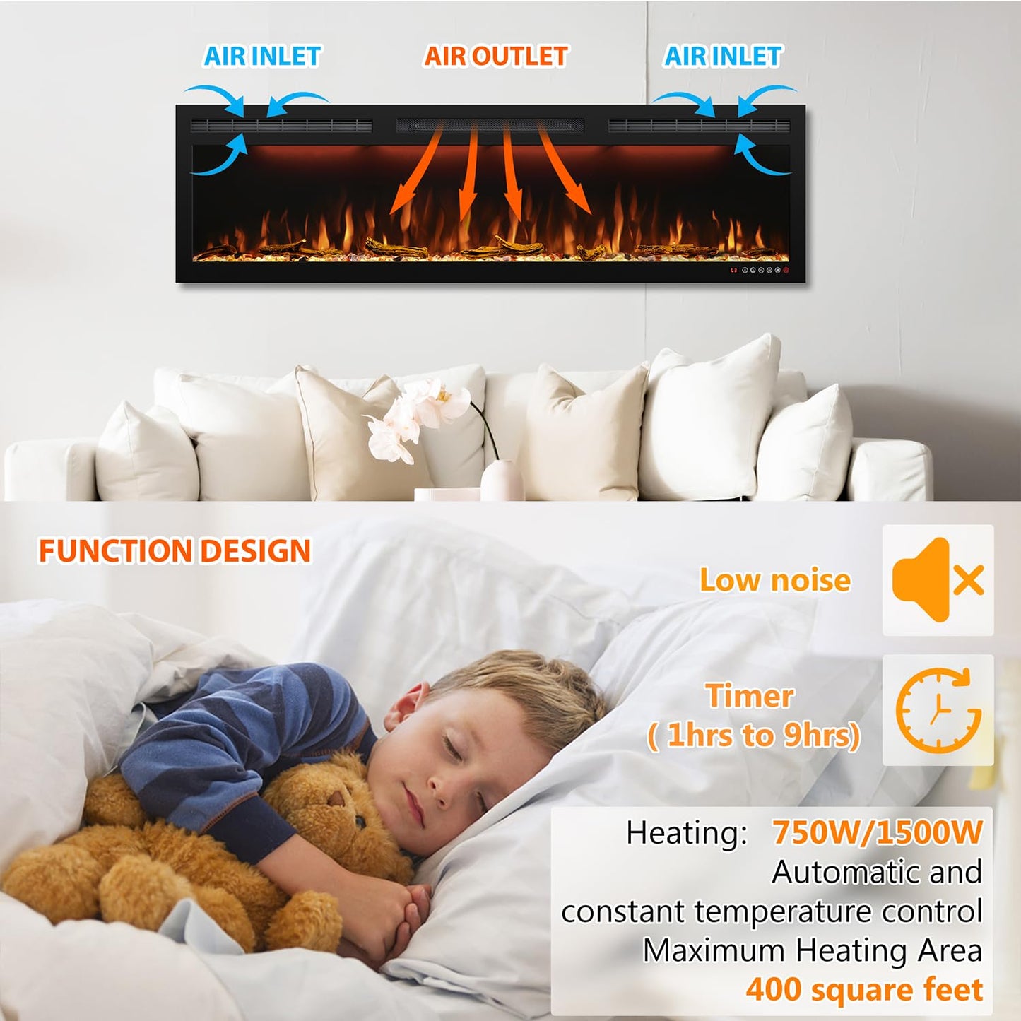 88" Electric Fireplace, Recessed/in-Wall or Wall Mounted, Large Linear 80-90", Ultra-Narrow Frame, 3 Flame Colors & Top Lighting, Timer, Remote, Log & Crystal Media, 1500W Heater
