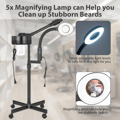 Professional Facial Steamer 3 in 1 Steamer for Face with Hot & Cold Nozzle 5X LED Magnifying Lamp Facial Steamer for Esthetician Beauty Face Equipment Use at Home or Salon