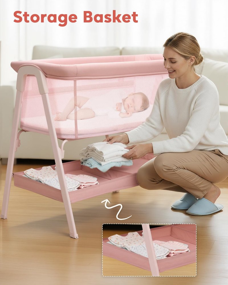 JevrJeur Baby Bassinet, Bedside Bassinet for Baby, Bassinet Bedside Sleeper with Mattress, Storage Basket and 4 Auto-Lock Wheels, Full-Mesh Sides, Bedside Mini Crib for Newborn (Pink)