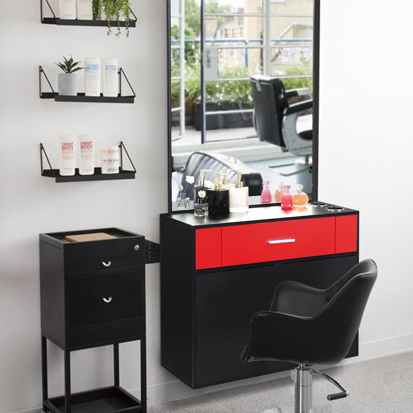 Black Salon Station Makeup Wall Mount Hair Styling Beauty Spa Equipment Set with Mirror Utility Drawer, Storage Cabinet Vanity Set with Mirror Make up Table Spa Beauty Styling Barber Station Equipment