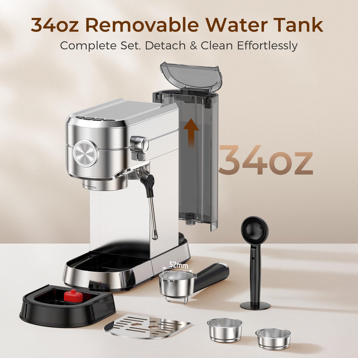 Electactic Espresso Machine 20 Bar, Compact Espresso Coffee Maker with Steam Milk Frother, Stainless Steel Coffee Machine with 34oz Removable Water Tank for Cappuccino, Latte