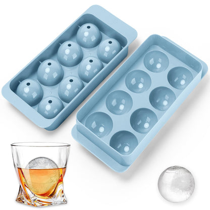 AIBIRUI Round Ice Cube Mold,8 PCS x 1.8 in Whiskey Ice Cubes,Circle Ice Cube Tray with Lid,Large Ice Ball Maker Mold Sphere Ice Cube,Large Ice Cube Molds for Cocktails,Coffee(Round Ice Cube Mold,Blue)