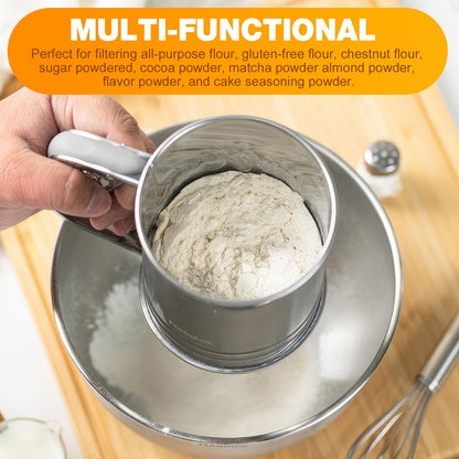 4 in1 Flour Sifter Stainless Steel, 5 Cup Flour Sifter for Baking, Sifter for Baking with Powdered Sugar Duster Set, Flour Shaker Duster for Baking Cakes, Pies, Pastries, Desserts and Cupcakes
