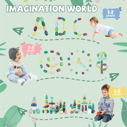 YHHYTOY 40 PCS Wooden Stacking Rocks Building Blocks Forest Theme, Sensory Learning Montessori Toys for 3 4 5 Year Old Kids, Preschool Educational STEM Toys Toddler Games Birthday Gifts for Girls Boys