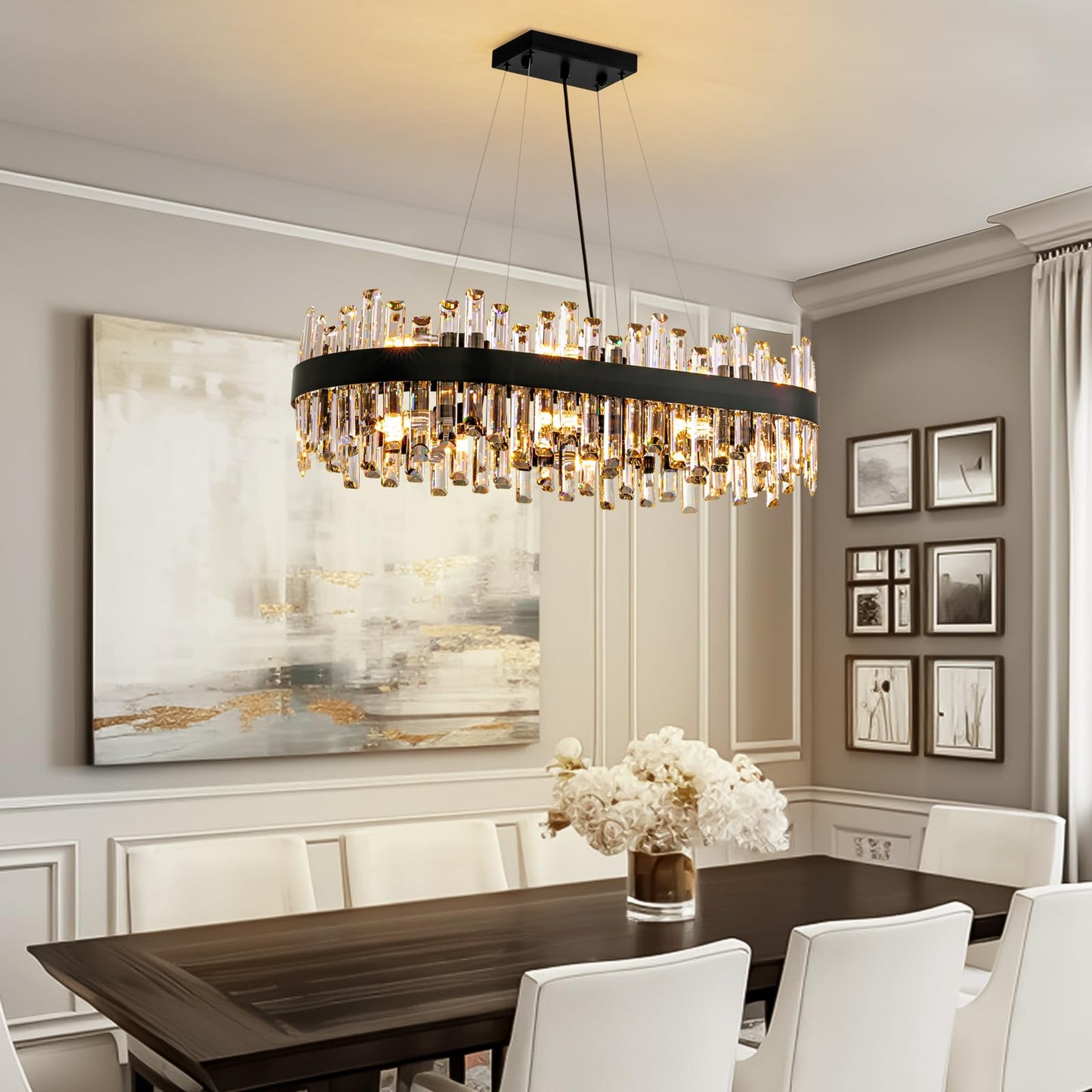 Siljoy Modern Crystal Chandelier, 16-Light Black Rectangular 2-Tiers K9 Crystal Raindrop Chandelier, Farmhouse Crystal Ceiling Light Fixture for Living Dining Room Kitchen Island L35.4 Inch
