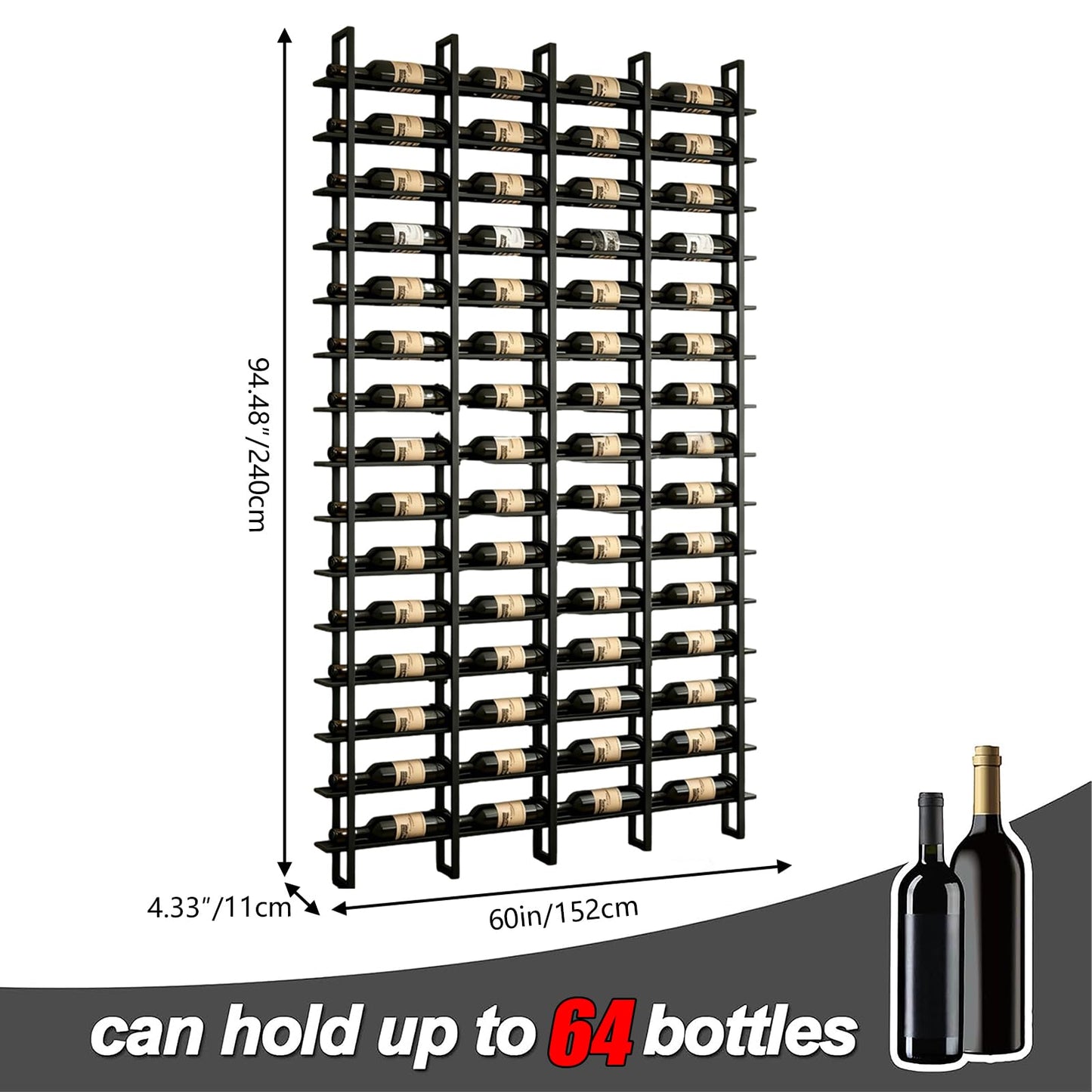 RAJYQODIS Large Wall Mount Wine Rack, 16 Tier 64 Bottle Wine Storage Organizer Display Holder, Metal Liquor Display for Wine Cellars, Home Bars, Kitchens, and Dining Rooms (Black, 64 Bottles)