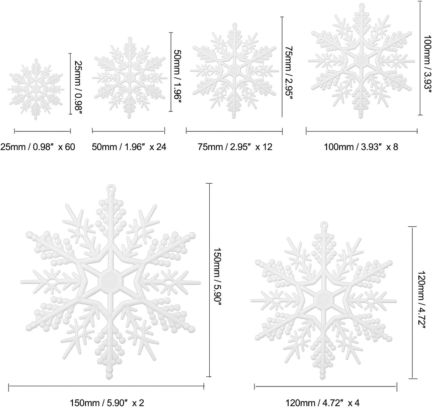 110 Pieces Tmflexe White Plastic Snowflakes Ornaments for Christmas Decoration, 6 Sizes DIY Art Crafts