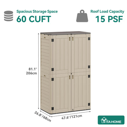 YITAHOME 60 cuft Vertical Outdoor Storage Shed w/o Shelf, Large Waterproof Storage Cabinet for Garden Shed, Tall Outdoor Storage Shed for Garage, Pool Storage, Resin, Lockable, Khaki & Brown