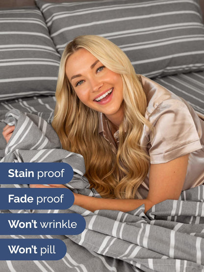Skiennix Extra Deep Split King Sheet Set - 7 Piece Cooling Bedding - Soft, Wrinkle-Free Grey Stripes
