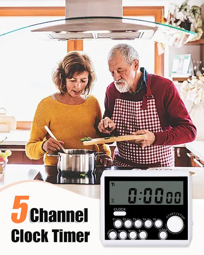 TPNEG Digital Kitchen Timer: 5-Channel Magnetic Digital Clock Timer with Count Up/Down, Alarm, and Replaceable 3A Battery - Ideal for Cooking Pasta and More, Food Timer for Seniors