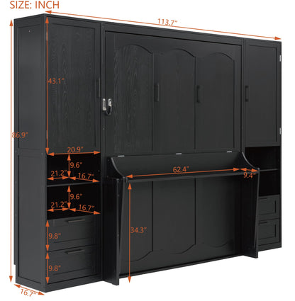 Merax Queen Size Murphy Bed with Desk, Multifunctional Foldable Wall Bed with Closet, Drawers and Shelves, Space-Saving Wood Bed Frame for Small Space Studio Study Office Guest Room, Black(Oak Veneer)